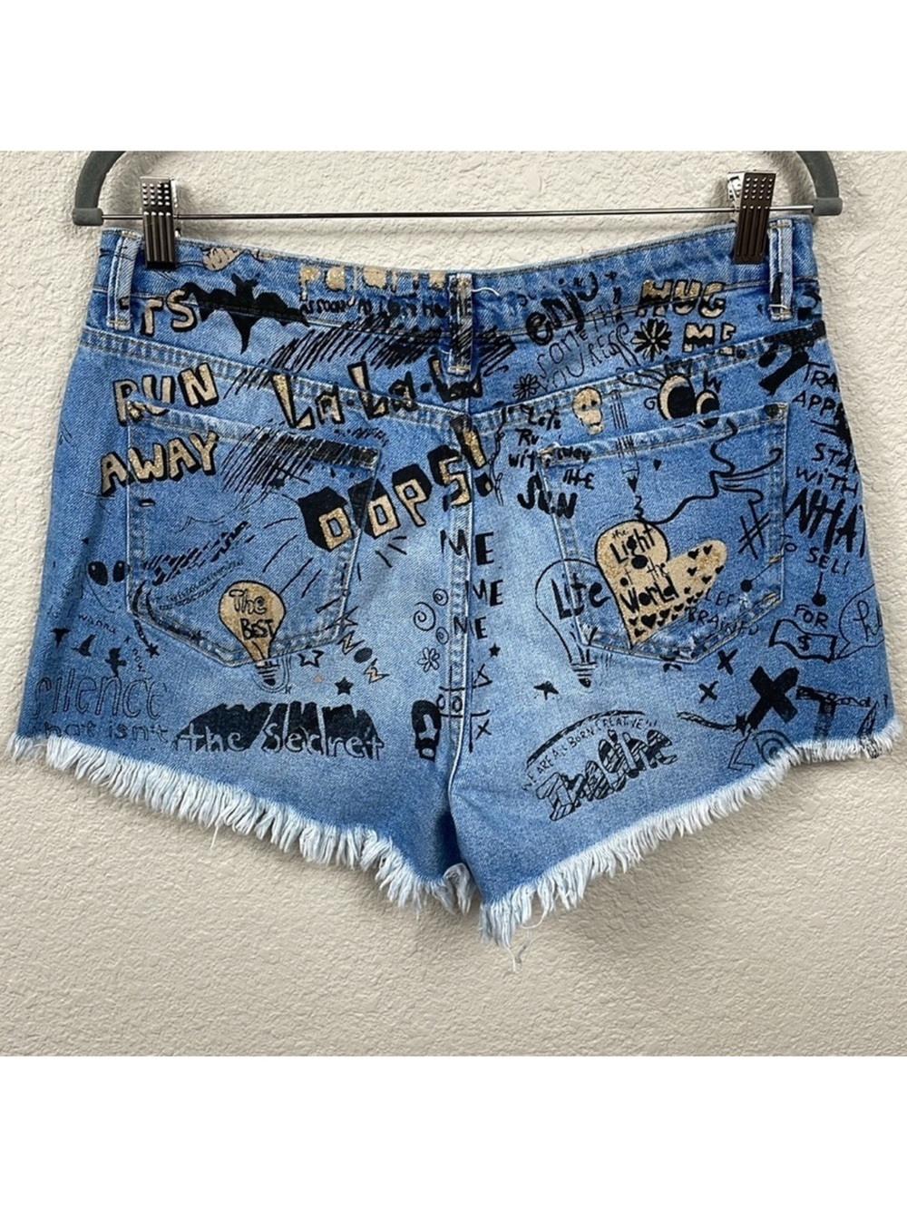 Zara Blue Denim Graffiti Jean Shorts with Black & Gold Accents - Picture 5 of 9